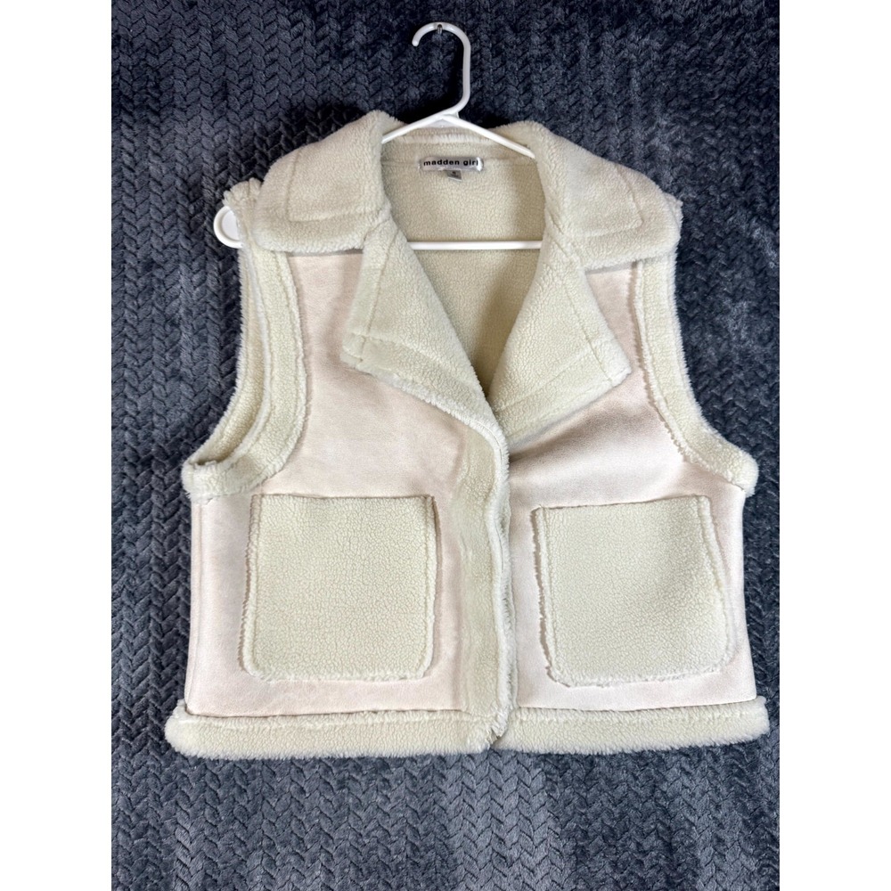 Madden Girl Sherpa Vest Womens Small Beige Sleeveless Notch Lapel Pockets Winter